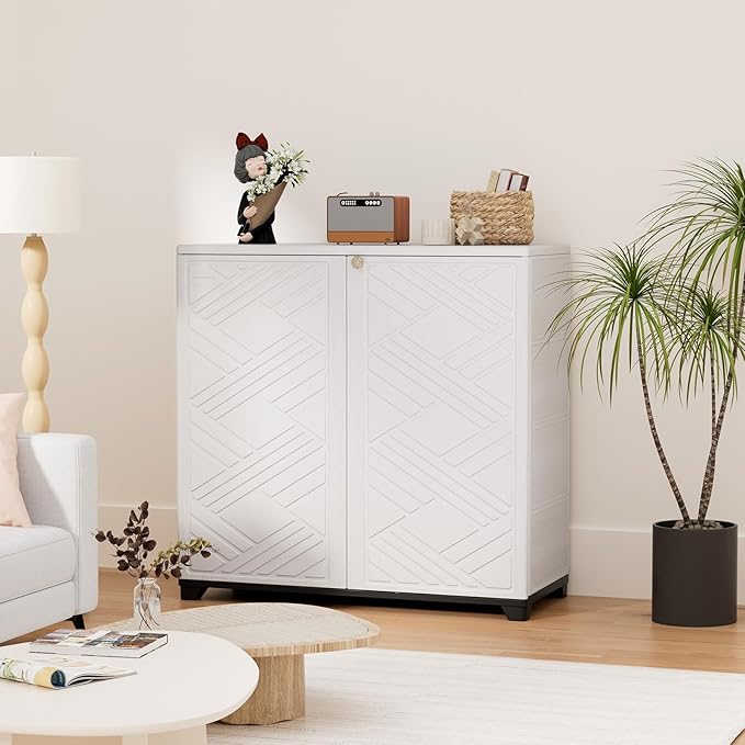 HOMSPARK Indoor/Outdoor Storage Cabinet with Doors, 34”x15”x34” HDPE Plastic Storage Box for Bedroom, Bathroom, Living Room, Balcony, Multi-Purpose for Daily Tools, White