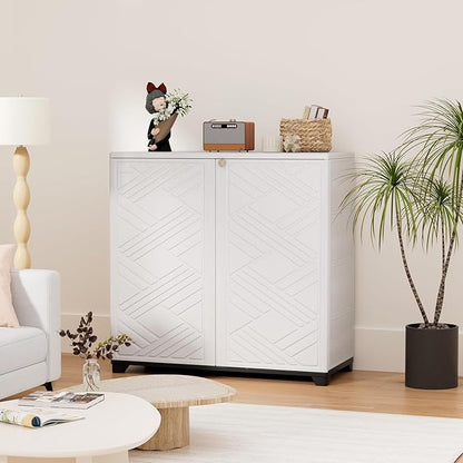HOMSPARK Indoor/Outdoor Storage Cabinet with Doors, 34”x15”x34” HDPE Plastic Storage Box for Bedroom, Bathroom, Living Room, Balcony, Multi-Purpose for Daily Tools, White