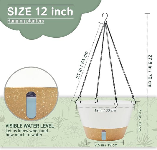 ZMTECH 12 Inch Hanging Planters for Indoor Plants, 2 Pack Self Watering Hanging Planter with Visual Reservoir, Hanging Pots for Plants Outdoor with Drainage Hole and Plant Hanger(2 Pack, White)