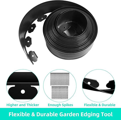 Landscape Edging Coil 33 FT, 4 Inch Tall Garden Edging Border Flexible Lawn Edging Kit with 30 Spikes, Plastic Edging for Landscaping Flower Beds Yard Pathway Paver Edging (4IN x 33FT, Black)