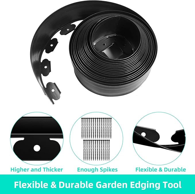 Landscape Edging Coil 66 FT, 4 Inch Tall Garden Edging Border Flexible Lawn Edging Kit with 60 Spikes, Plastic Edging for Landscaping Flower Beds Yard Pathway Paver Edging (4IN x 66FT, Black)