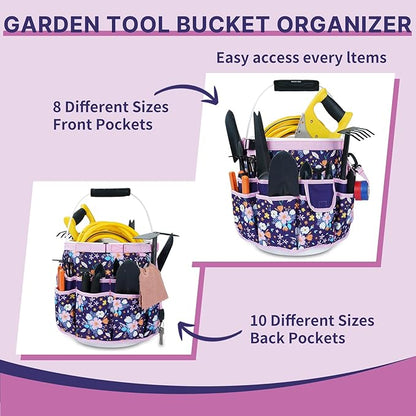 MELOTOUGH Bucket Caddy Organizer Bucket Tool Organizer for Garden Tools Fit 3.5 to 5 Gallon Bucket (Purple Flower)