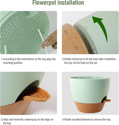 8 inch Self Watering Pots, 2 Pack Plastic Planters with Mesh Drainage Holes for Garden Plants and Flower, Plants Pots with Deep Reservoir for Indoor Outdoor Plants, Green with Brown