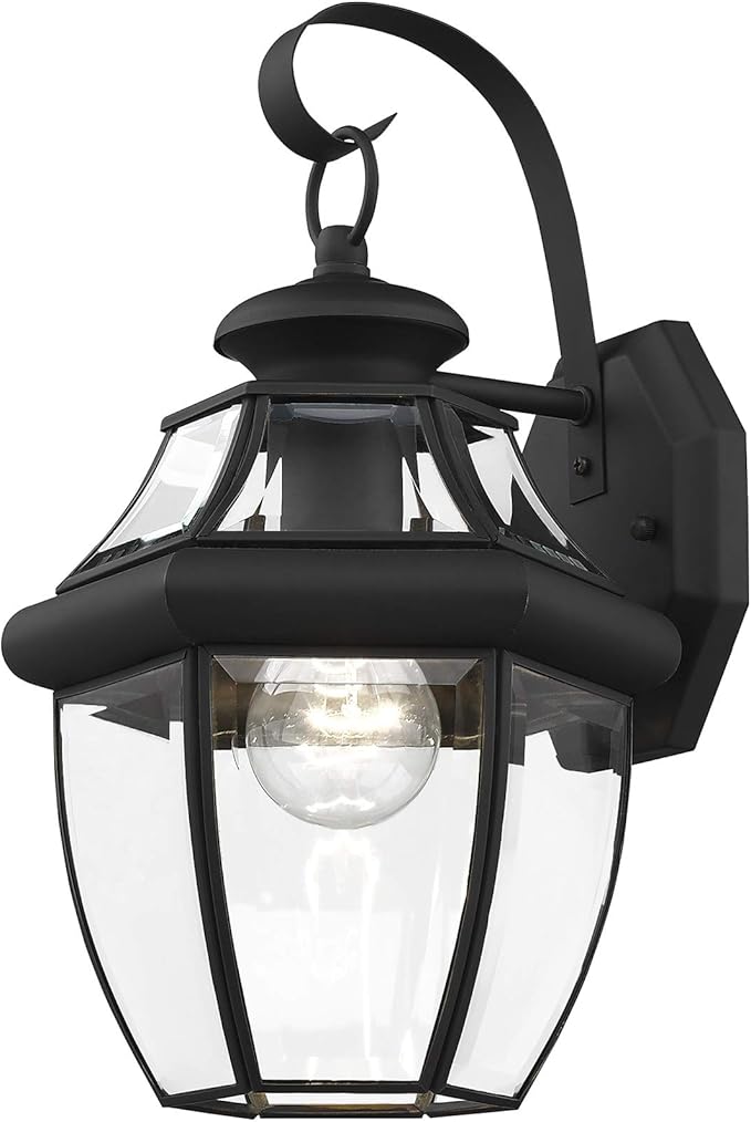 Livex Lighting 2151-04 Monterey 1 Light Outdoor Black Finish Solid Brass Wall Lantern with Clear Beveled Glass, 13" x 8.5" x 8.25"