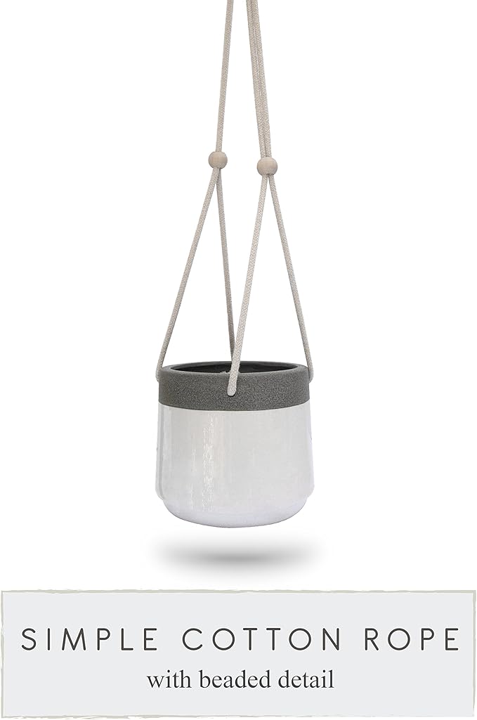 23 Bees Ceramic Hanging Planter, White Gray Succulent Pots, Round Plant Holder Container, Cactus Pot with Cotton Rope Hanger, Indoor Outdoor Decor, (1 Pack x White)