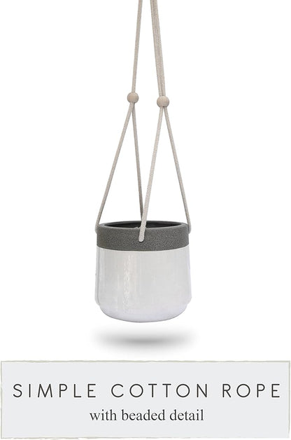 23 Bees Ceramic Hanging Planter, White Gray Succulent Pots, Round Plant Holder Container, Cactus Pot with Cotton Rope Hanger, Indoor Outdoor Decor, (1 Pack x White)