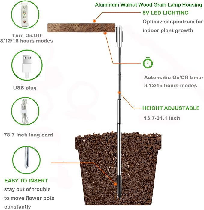 yadoker Plant Grow Light, LED Growing Light Full Spectrum for Indoor Plants,Aluminum Walnut Wood Grain Plant Lights,Height Adjustable, Automatic Timer, 5V Low Safe Voltage,Idea for Large Plant Light，