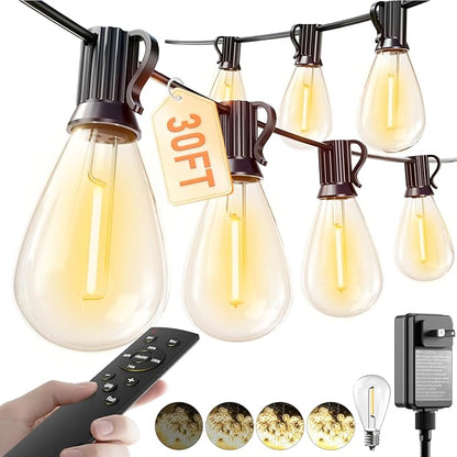 luckystyle 30FT LED Outdoor String Lights with Remote, 10+ 1 Shatterproof Bulbs Waterproof and Dimmable Patio Lights for Porch, Garden, Backyard, Deck, Balcony, 2700K Hanging Lighting