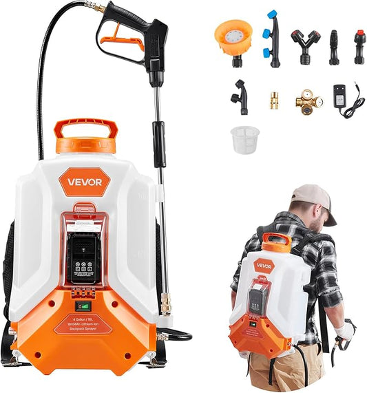 VEVOR Battery Powered Backpack Sprayer, Electric Back Pack Sprayer 4 Gallon, 2 Wands & 8 Nozzles, Adjustable 0-90 PSI, 4H Runtime, Portable Lawn & Garden Sprayers for Weeding, Spraying, Cleaning