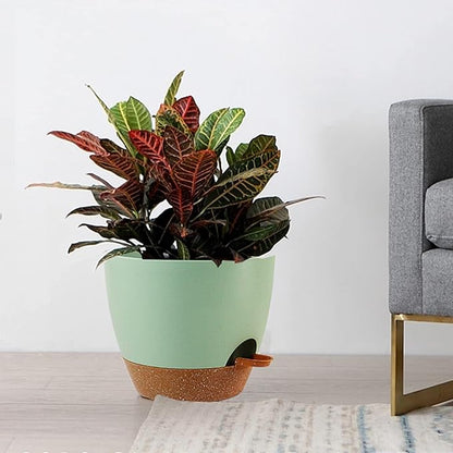 10/9/8 inch Self Watering Pots, Set of 3 Plastic Planters with Mesh Drainage Holes and Deep Reservoir for Indoor Outdoor Garden Plants and Flowers, Green with Brown