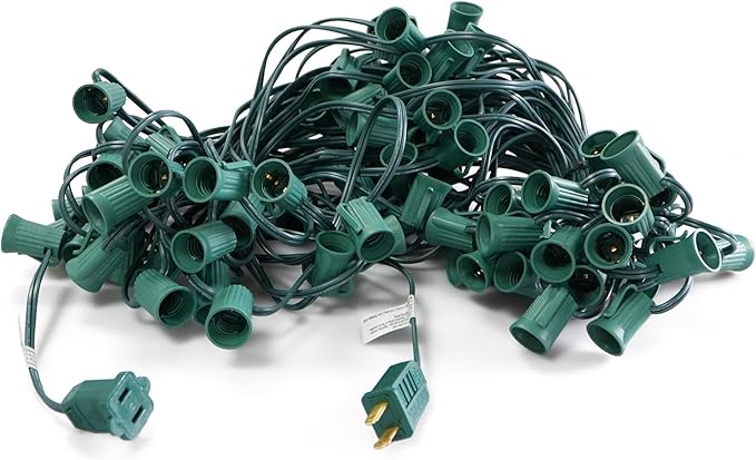 LUCKY TL 100 FT C9/E17 Christmas Light Sockets Spool Set, Green SPT-1 Wire, 12 Inch Spacing, C9 Outdoor String Lights, UL Listed
