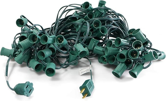 LUCKY TL 100 FT C9/E17 Christmas Light Sockets Spool Set, Green SPT-1 Wire, 12 Inch Spacing, C9 Outdoor String Lights, UL Listed