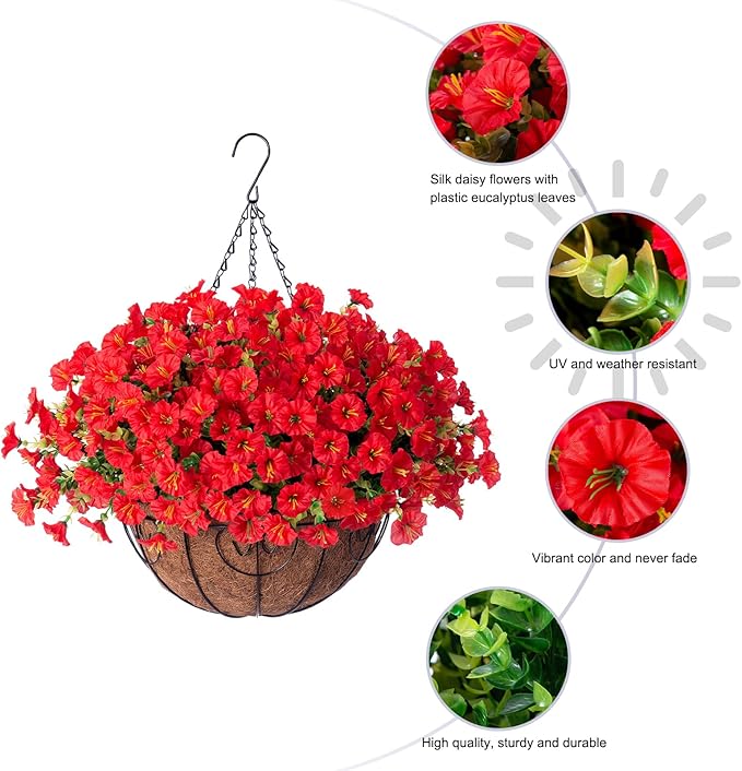 HyeFlora Artificial Fake Hanging Flowers for Outdoors Baskets Spring Decor, Faux Hanging Plants Outside Silk Morning Glory in Planter Look Real UV Resistant for Outdoor Porch Patio Garden Home, Red