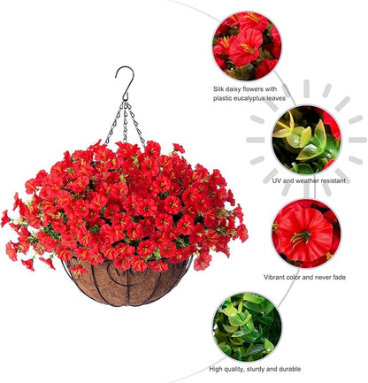 HyeFlora Artificial Fake Hanging Flowers for Outdoors Baskets Spring Decor, Faux Hanging Plants Outside Silk Morning Glory in Planter Look Real UV Resistant for Outdoor Porch Patio Garden Home, Red