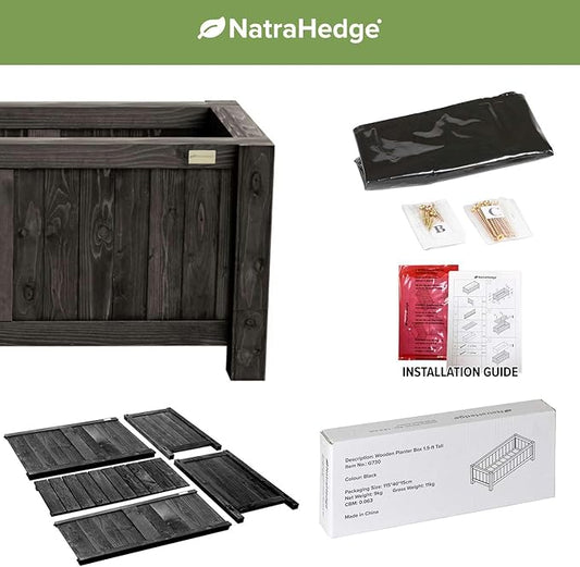 NatraHedge 15" Hampton Contemporary Black Wooden Planter Box Indoor and Outdoor Use for Patio Garden (44" x 15" x 15")