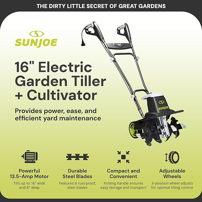 Sun Joe Corded Electric Garden Tiller & Cultivator with Steel Tines, 16 Inch, 13.5-Amp Motor - Heavy-Duty Tilling Machine for Lawn, Yard, and Gardening Care, TJ604E