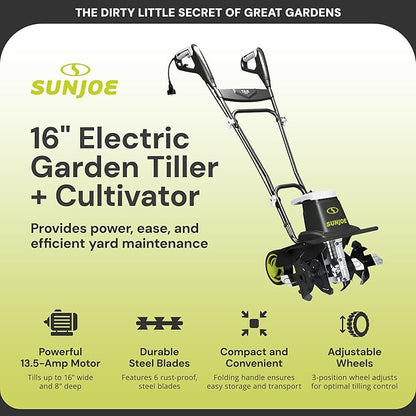 Sun Joe Corded Electric Garden Tiller & Cultivator with Steel Tines, 16 Inch, 13.5-Amp Motor - Heavy-Duty Tilling Machine for Lawn, Yard, and Gardening Care, TJ604E