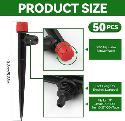 50PCS 1/4” Drip Irrigation Drippers with Lock, Kalolary Drip Irrigation Emitters for 4/7mm Tube, Adjustable 360 Degree 8 Holes Water Flow Sprayer Micro Spray Drip System Parts for Lawn Yard Pot (Red)