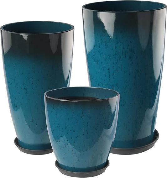 24-21-11 Inch Tall Planters Set of 3, Indoor Outdoor Blue Glossy Round Planter with Drainage Hole and Saucer, Large Decorative Plant Pots for Home Garden Porch