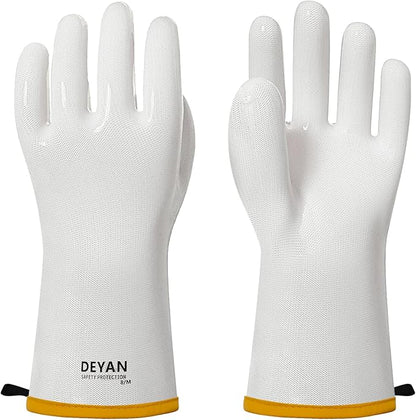 DEYAN Silicone BBQ & Oven Gloves - Food Grade, Heat Resistant Waterproof & Oil Proof Gloves for Grilling, Baking, Frying, Cooking - Long Sleeve & Non-Slip Grip, 1 Pair (White, 8/M)