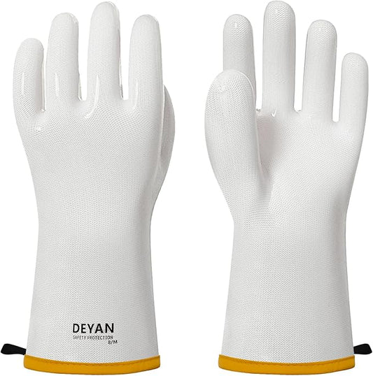 DEYAN Silicone BBQ & Oven Gloves - Food Grade, Heat Resistant Waterproof & Oil Proof Gloves for Grilling, Baking, Frying, Cooking - Long Sleeve & Non-Slip, 1 Pair (White, 9/L)