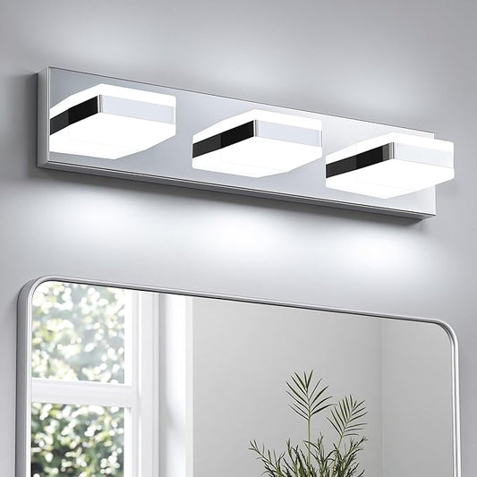 Bathroom Lighting Fixtures Over Mirror, 3 Light Bathroom Vanity Light Fixtures with Cool White 5000K, Silver LED Modern Vanity Wall Lights for Bath, Dressing Room, Restroom, 21.6 inch