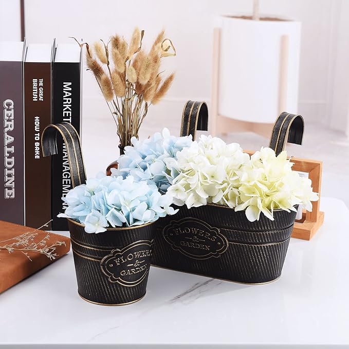 PerGar Vintage Metal Iron Wall Hanging Flower Pots, Rustic Planter Bucket Herb Flower Plant Holder with Detachable Hooks & Drainage Hole for Railing Fence Balcony Deck Garden Home Decoration, Set of 3