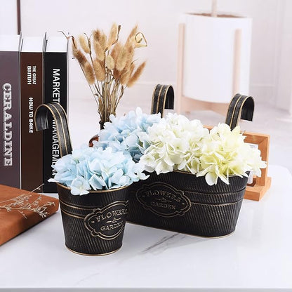 PerGar Vintage Metal Iron Wall Hanging Flower Pots, Rustic Planter Bucket Herb Flower Plant Holder with Detachable Hooks & Drainage Hole for Railing Fence Balcony Deck Garden Home Decoration, Set of 3