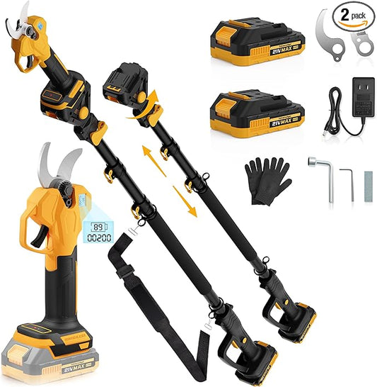 2-in-1 Electric Pruning Shears with Extension Pole, Cordless Power Pruner with 1.4 Inch Cutting Diameter, Brushless Motor, LCD Display & 2×2.0Ah Batteries for High Branch & Tree Trimming