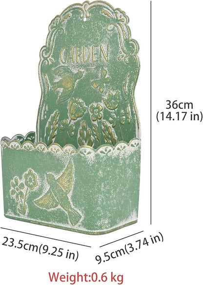 BIG FORTUNE Metal Wall Mount Planter Wall Vases for Flowers Shabby Chic Decor for Rustic Farmhouse Outdoor Decor (Green)