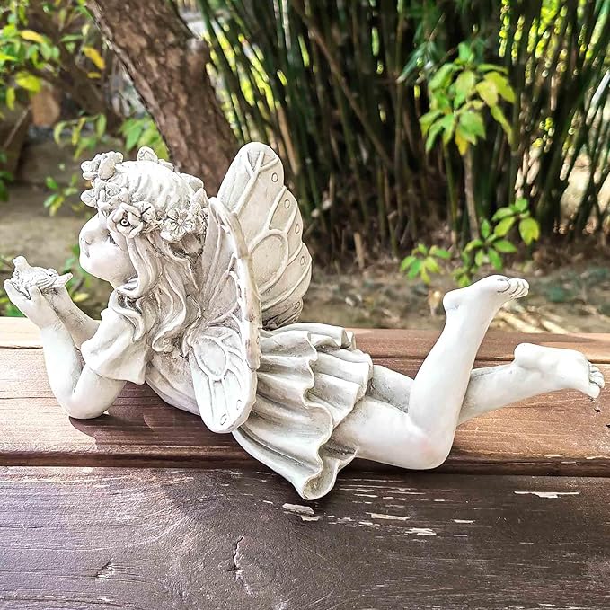 Resin Fairy Statue Holding Bird – Outdoor Garden Fairy Figurine for Yard, Patio or Lawn, Whimsical Fairy Garden Decor for Outside 11” L