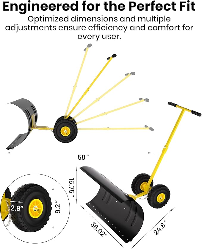 36” Snow Shovel for Driveway,Heavy Duty Wheeled Rolling Shovels 5 Position Angled Blade, Ergonomic Handle & Rubber Wheels for Efficient Snow Removal, Snow Plow for Doorway,Driveway and Sidewalks
