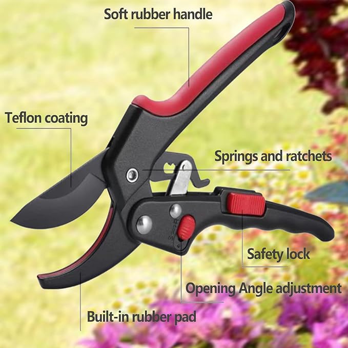 Garden clippers, premium Germany pruners, Work 3 times easier, professional ratchet pruning shears, cutting rose, flower, hedge, stem, tree, Sharp gardening scissors, Arthritis weak hand snips
