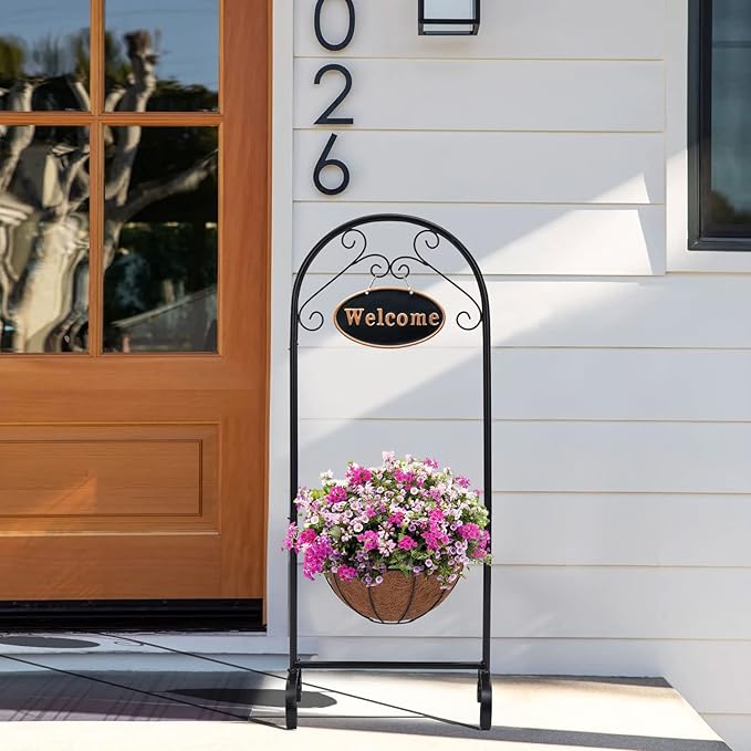 BAYN Metal Welcome Planter Basket Stand with Coco Liner, 39.5” Hanging Planter Stand with Decorative Welcome Sign Outdoor Decor for Garden, Patio, Deck, Entry and Front Porch