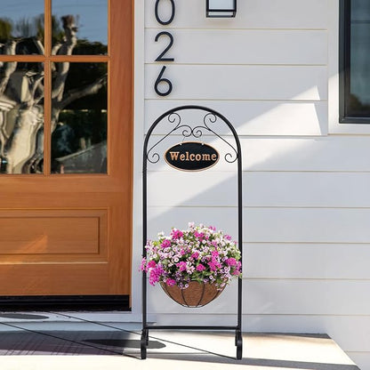 BAYN Metal Welcome Planter Basket Stand with Coco Liner, 39.5” Hanging Planter Stand with Decorative Welcome Sign Outdoor Decor for Garden, Patio, Deck, Entry and Front Porch