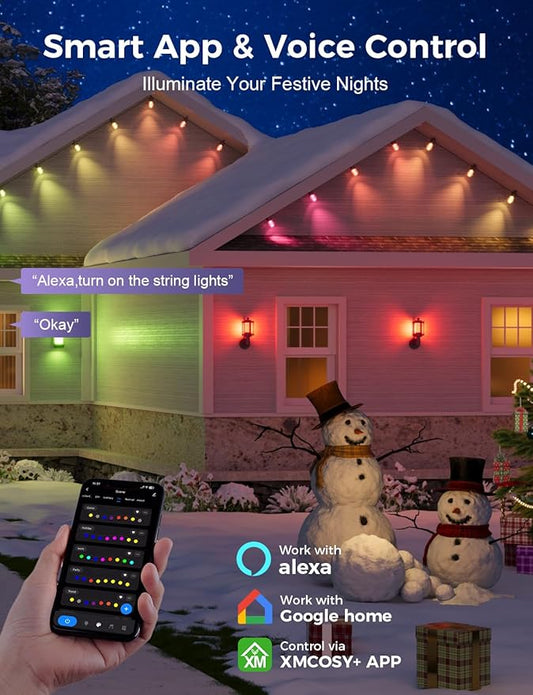 XMCOSY+ 48FT Smart Outdoor String Lights - RGBCWIC Dimmable Acrylic Bulbs, Color Changing LED Patio Lights APP WiFi Control, Compatible with Alexa, IP65 Waterproof Outside Lights for Yard Porch