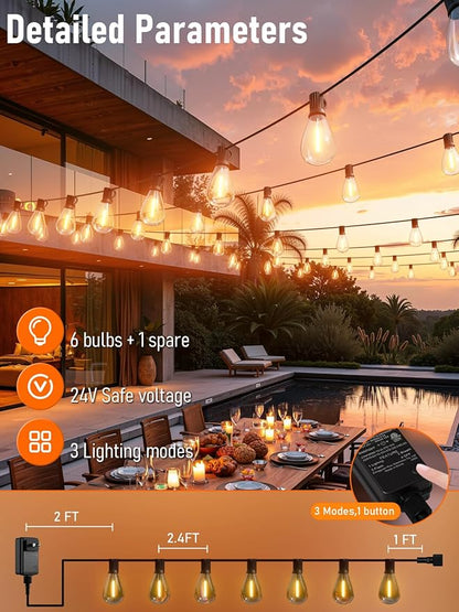 luckystyle 15FT LED Outdoor String Lights with Remote, 6+ 1 Shatterproof Bulbs Waterproof and Dimmable Patio Lights for Porch, Garden, Backyard, Deck, Balcony, 2200K Hanging Lighting