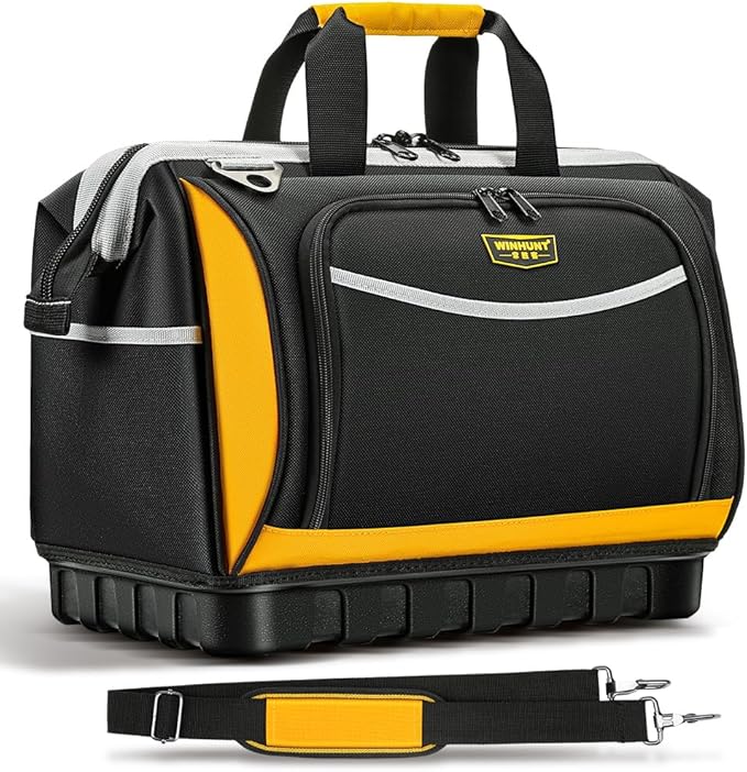 Large Tool Bag, Professional Tool Tote Hard Bottom, Multi-Pocket Storage with Shoulder Strap, Black and Yellow (Yellow & Black, 18 inch)