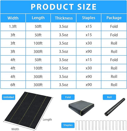 3ft x50ft Pro Black Weed Barrier, 6oz Premium Landscape Fabric-Heavy Duty Woven Ground Cloth with Superior Permeability Weed Control Convenient Design