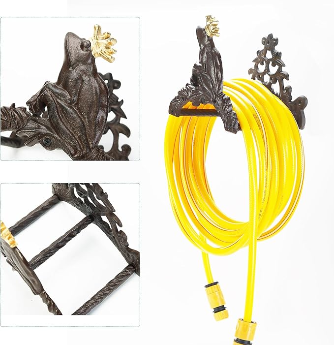 Sungmor Heavy Duty Cast Iron Garden Hose Holder | Water Hose Hanger Wall Mounted | Decorative Indoor Outdoor Hose Rack Reel | 50FT 75FT 100FT Water Hose Bulter Storage | Lovely Frog Metal Hose Stand