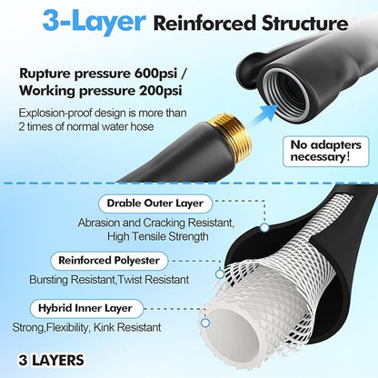 SPECILITE 3/4" Hot/Cold Garden Hose 50 ft with Industrial High Pressure Nozzle, Flexible & Lightweight, 600psi Burst Rubber Water hose -50℉-158℉ With 3/4" Brass Fittings for Yard, Black