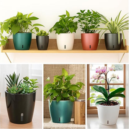 Self Watering Pots for Indoor Plants, 12-Pack 5'' Self Watering Planter with Drainage Holes, Small African Violet Pots with Water Level Indicator, Clear Wick Pot, White/Black