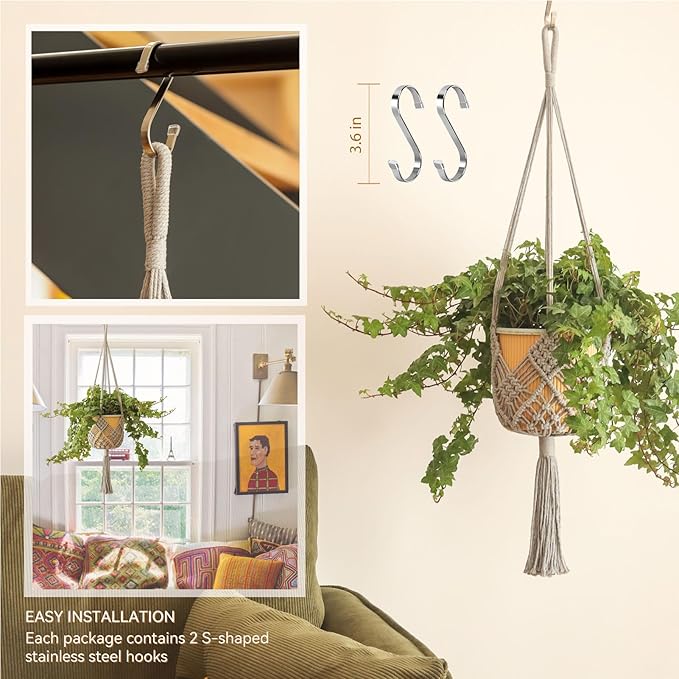 Hanging Planter with Patterns,2Packs Macrame Plant Hangers Indoor Macrame for up to 8 inch Pot Crochet Boho Plant Hanger Holder for Indoor Outdoor with 2S Shaped Stainless Steel Hooks (Gray)