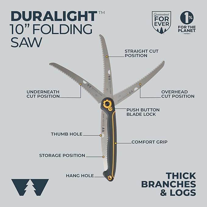Woodland Tools Duralight Folding Saw – Curved Pruning Saw with Hardened Steel Blade, 3-Position Lock, Soft Grip Handle – Manual Tool for Tree Trimming, Branch Cutting, and Yard Work