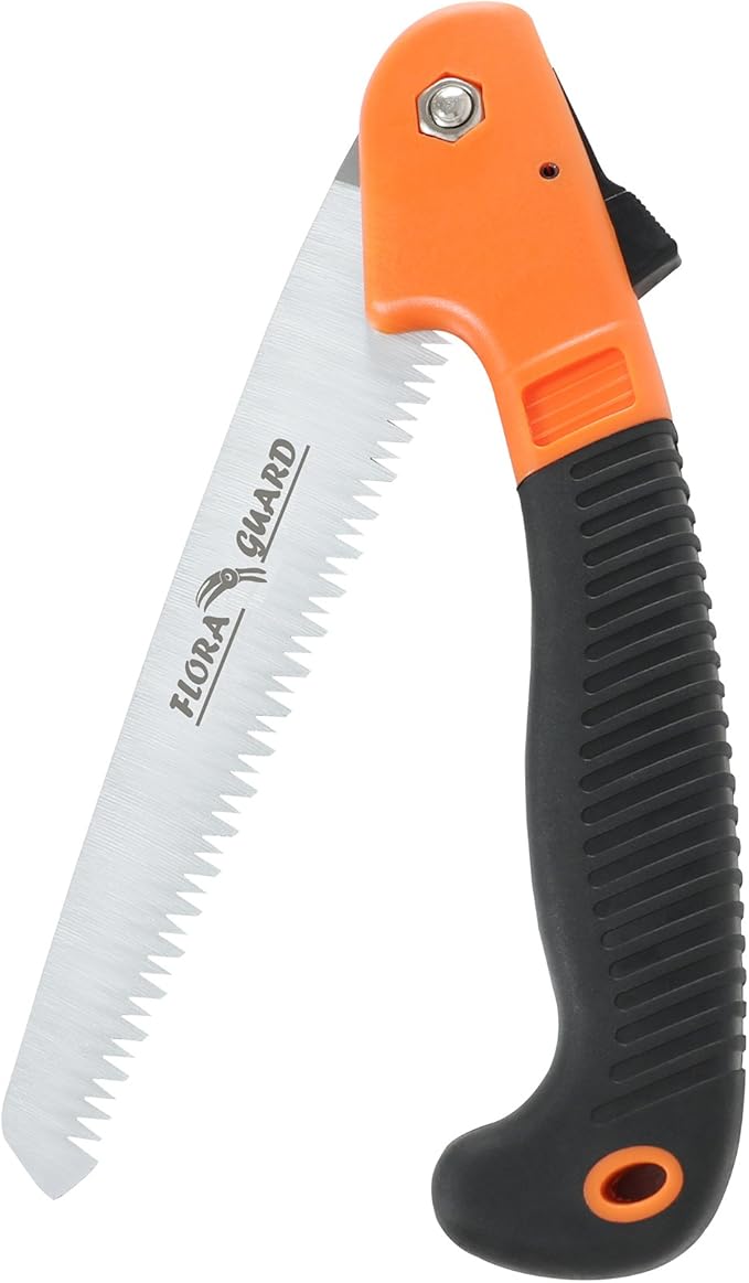 FLORA GUARD 7.7-Inch Folding Hand Saw, Pruning Saw with Trible-Cut Razor Teeth for Wood Cutting, Tree Trimming, Professional Camping Gardening Tools (Orange)