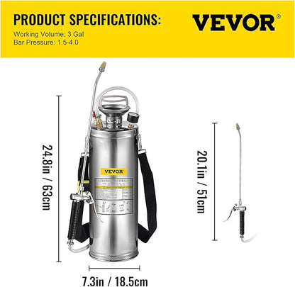 Happybuy 3 Gallon Stainless Steel Sprayer, 20" Wand & 3FT Reinforced Hose, Hand Pump Sprayer with Pressure Gauge, Safety Valve & Adjustable Nozzle, Weed Sprayers for Lawn, Gardening & Sanitizing