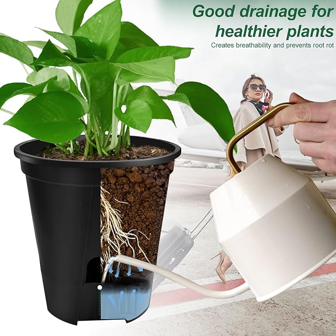 Cdd's Path 5-Pack 6 Inch Self Watering Pots Set with Holes for Indoor/Outdoor Plants,Planter Pot with Watering Hole/Reservoir and Air Pipes,Black