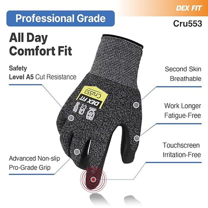 DEX FIT Level 5 Cut Resistant Gloves Cru553, 3D-Comfort Stretchy Fit, Power Grip, Professional Grade, Thin, Touch-Screen Compatible, Durable, Machine Washable; Black Gray M 1 Pair