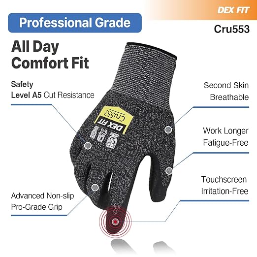 DEX FIT Level 5 Cut Resistant Gloves Cru553, 3D-Comfort Stretchy Fit, Power Grip, Professional Grade, Thin, Touch-Screen Compatible, Durable, Machine Washable; Black Grey S (7) 12 Pairs