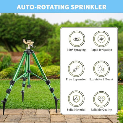 Impact Sprinklers on Tripod Base,Heavy Duty Lawn Sprinkler for Yard with 360 Degree Large Area Coverage Irrigation,Brass Sprinklers with Adjustable Head Nozzle,3/4Inch Connector Extension Legs